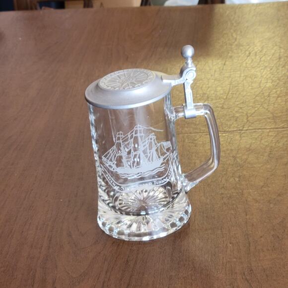 Glass Beer Stein Salem Ship Grand Turk 1786 ALWE W Germany Tankard Pewter Lid - Picture 1 of 14